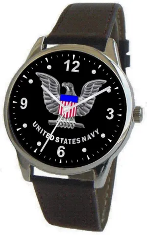 Navy Emblem Classic Watch with Large Polished Chrome Case and Black Leather Strap