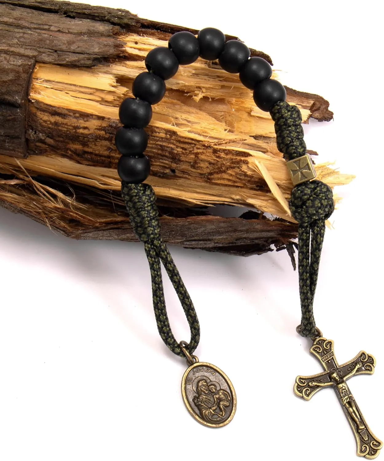 Nazareth Store Antique Bronze One Decade Rosary Black Matte Beads Green Paracord Rosary Bracelet Handmade Catholic Travel Friendly Prayer