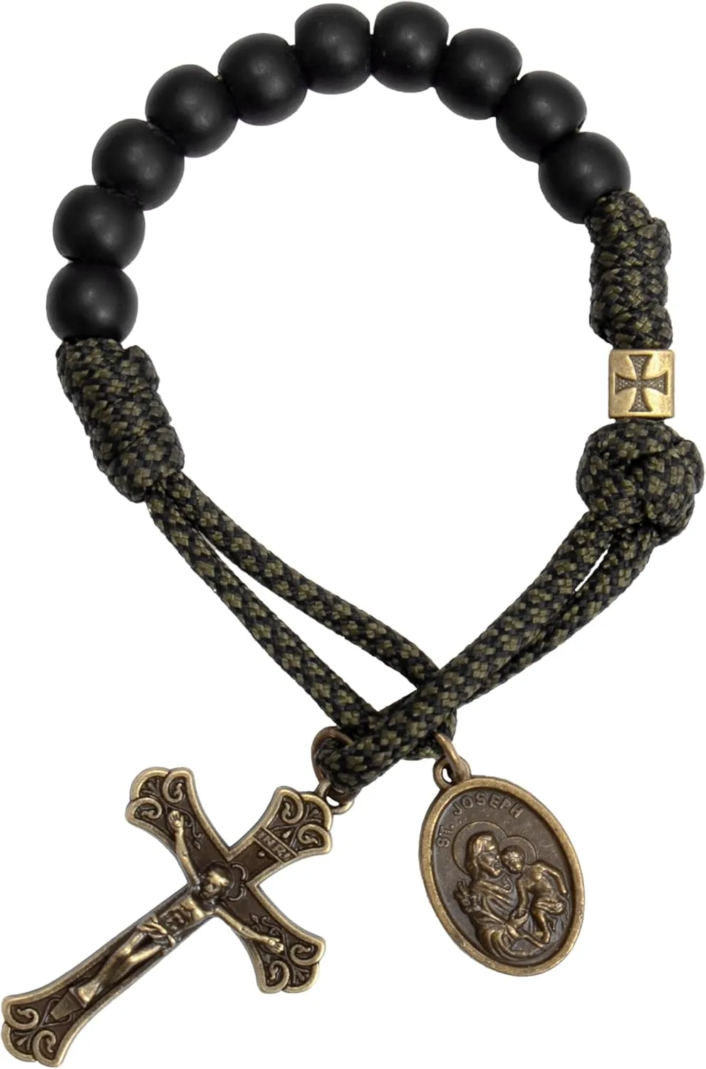Nazareth Store Antique Bronze One Decade Rosary Black Matte Beads Green Paracord Rosary Bracelet Handmade Catholic Travel Friendly Prayer