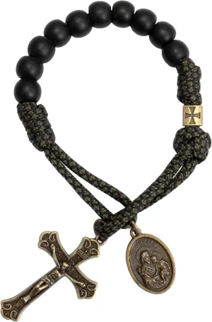 Nazareth Store Antique Bronze One Decade Rosary Black Matte Beads Green Paracord Rosary Bracelet Handmade Catholic Travel Friendly Prayer