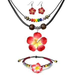 Necklace and Earrings Bracelet Set Hawaiian Plumeria Flower Necklace and Earrings Bracelet Set  Tropical Hawaiian Jewelry for Women, Luau Party Fashion Accessories (Red)