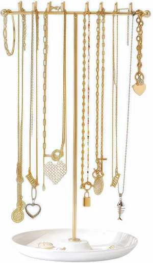 Necklace Holder Stand Organizer with Tray - Gold Jewelry Organizer with 18 Hooks Necklace Tree, Small Necklace Hanger & Ring Holder, Multifunctional Storage Earrings, Lipstick, Watches