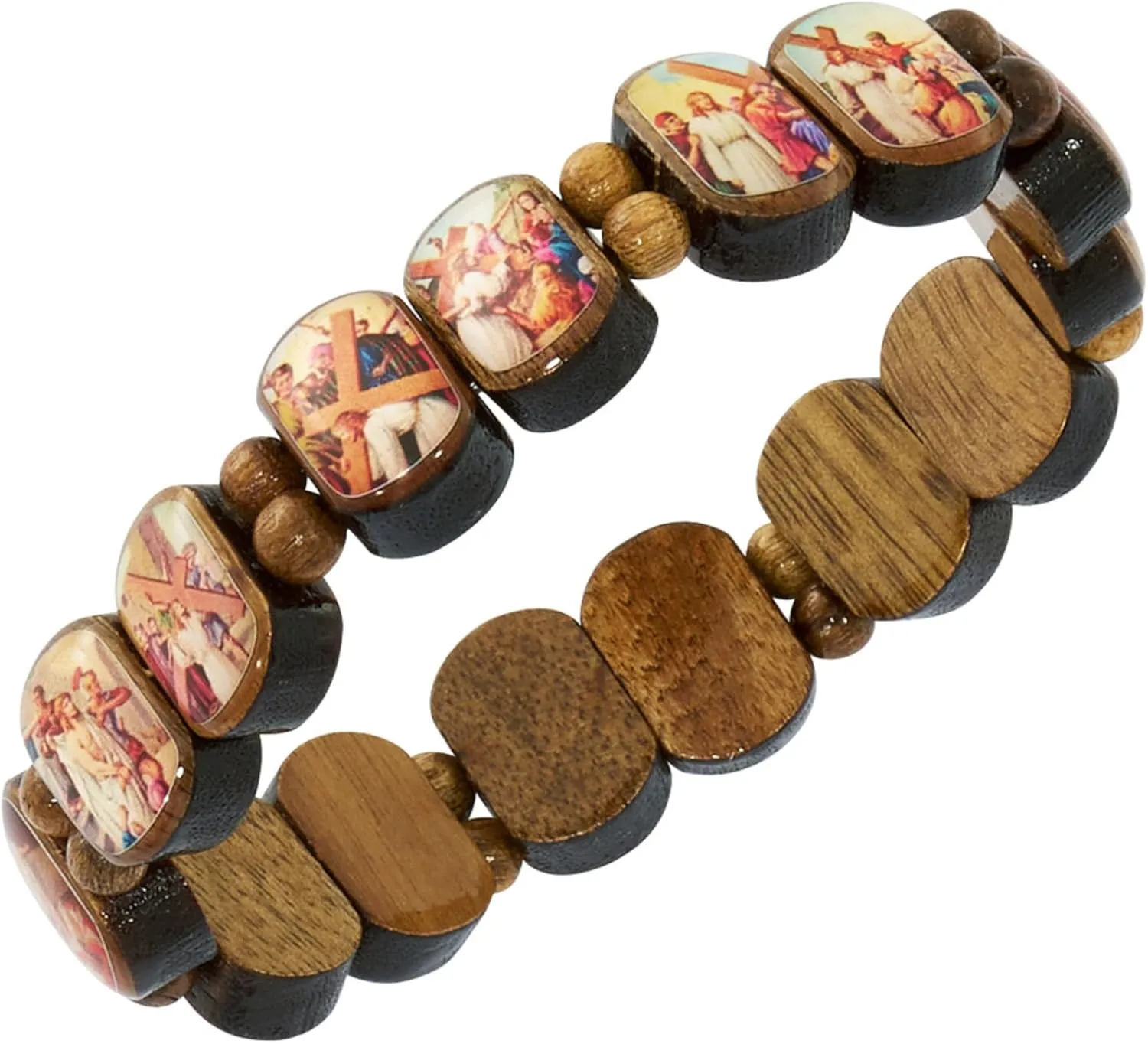 Needzo Stations of the Cross Walnut Wood Stretch Bracelet, Carded - Made in Brazil, One Size