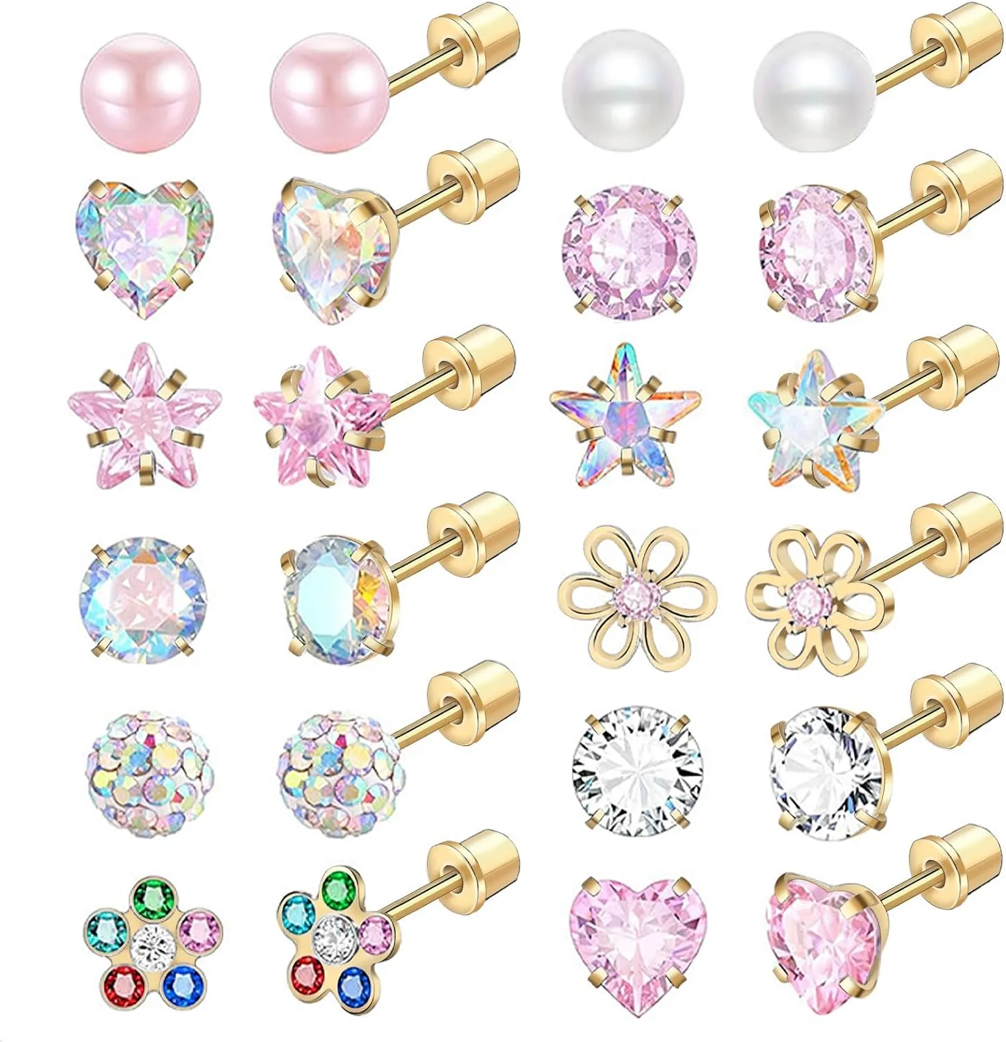 NEWITIN 12 Pairs Small Stud Earrings for Girls Hypoallergenic Earring Inlaid Cubic Zirconia Earring Surgical Stainless Studs Tiny Screw Back Cartilage Earrings for Women Girls