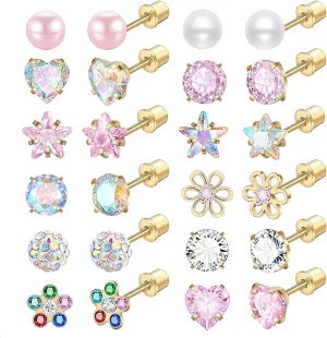 NEWITIN 12 Pairs Small Stud Earrings for Girls Hypoallergenic Earring Inlaid Cubic Zirconia Earring Surgical Stainless Studs Tiny Screw Back Cartilage Earrings for Women Girls