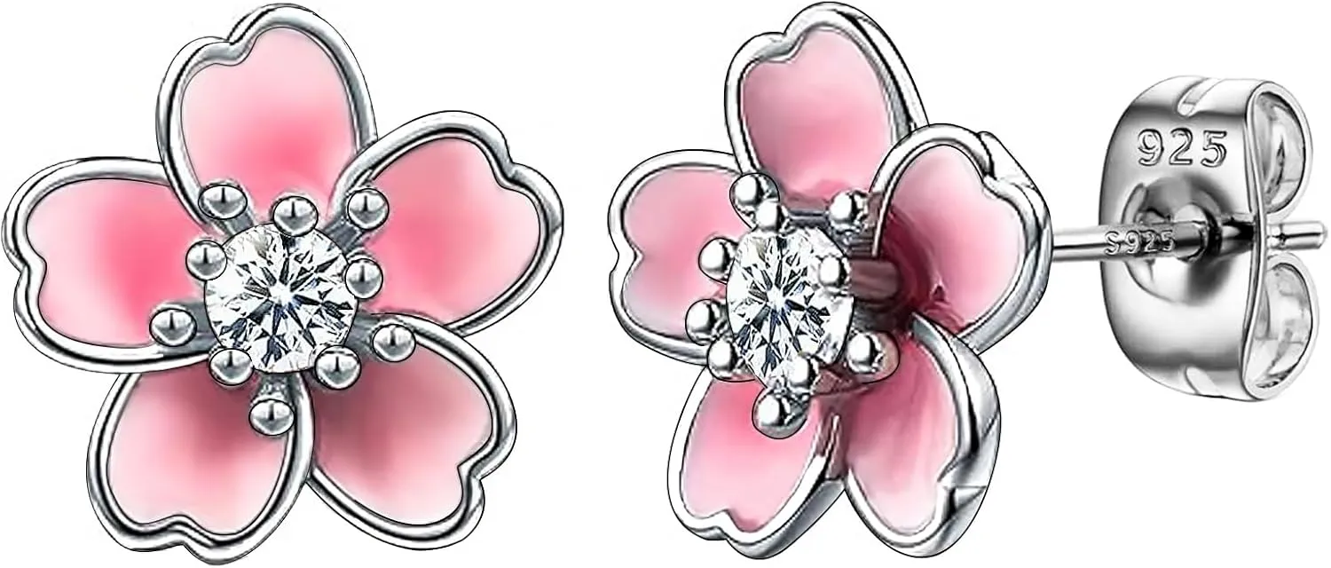 NEWITIN Pink Flower Earrings for Women Hypoallergenic Earring Cute Floral Ear Studs Cherry Blossom Flower Stud Earrings for Women