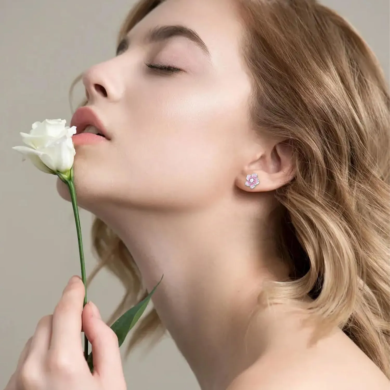 NEWITIN Pink Flower Earrings for Women Hypoallergenic Earring Cute Floral Ear Studs Cherry Blossom Flower Stud Earrings for Women