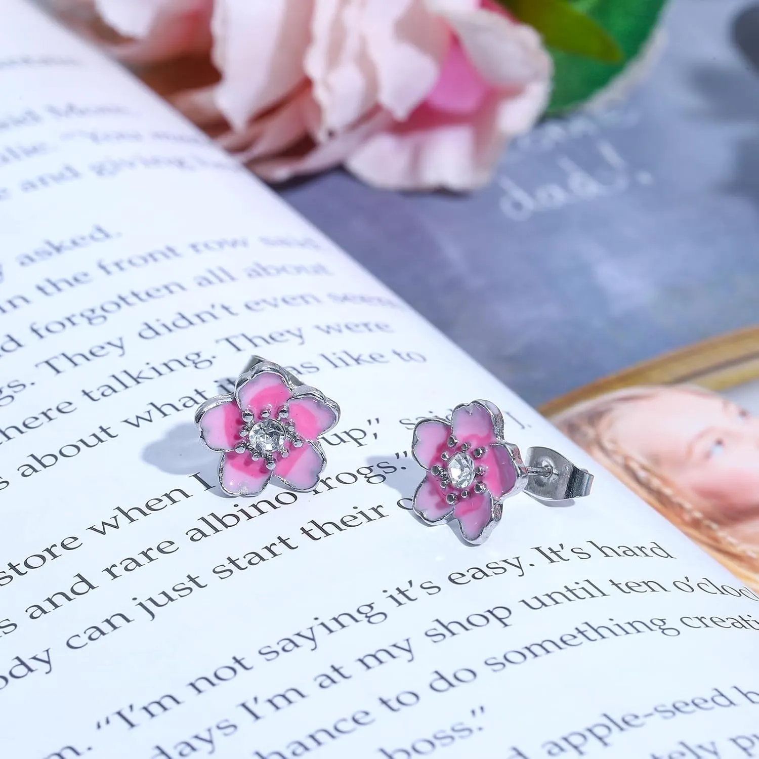 NEWITIN Pink Flower Earrings for Women Hypoallergenic Earring Cute Floral Ear Studs Cherry Blossom Flower Stud Earrings for Women