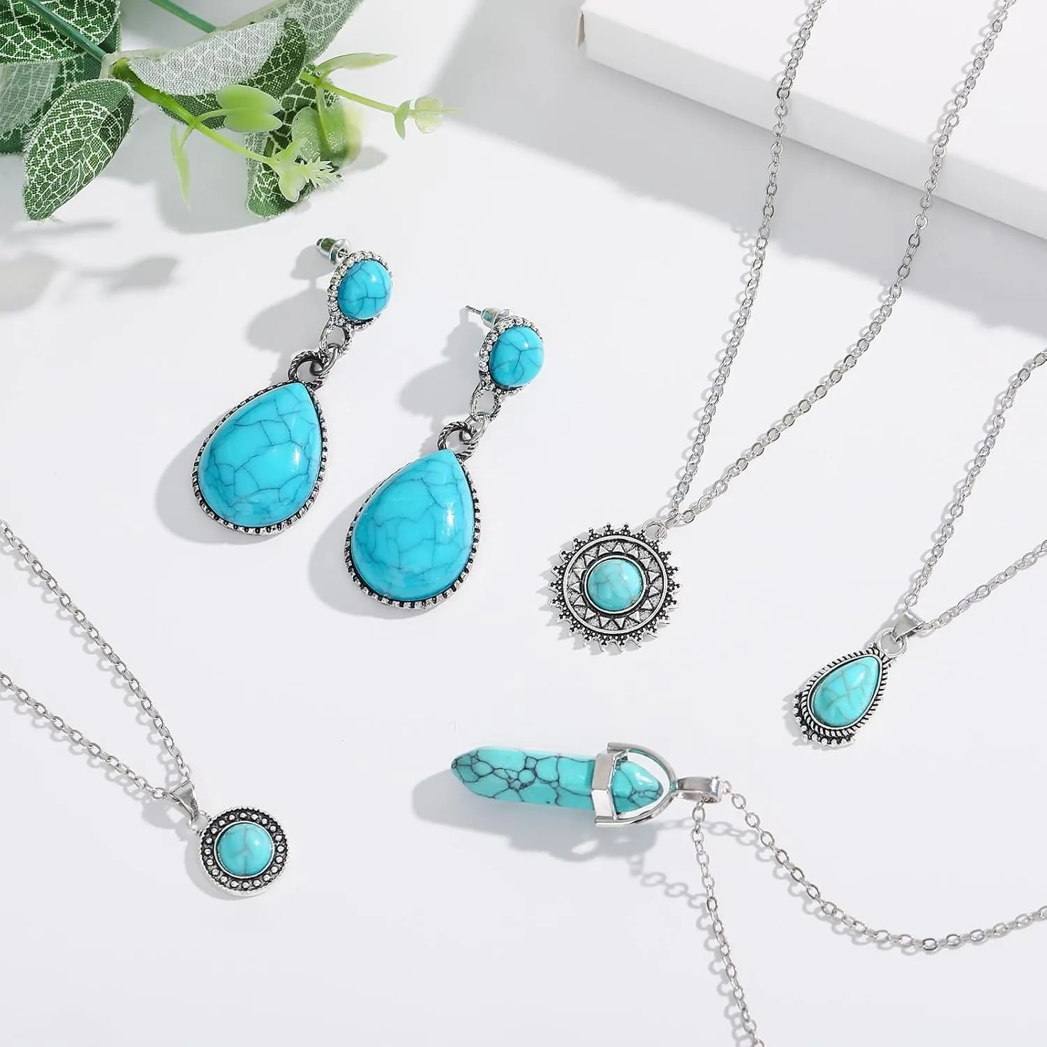 NEWITIN Silver Bohemian Jewelry Set for Women Fashion Costume Jewels Turquoise Necklace Bracelet Earrings Western Turquoise Jewelry Set for Women