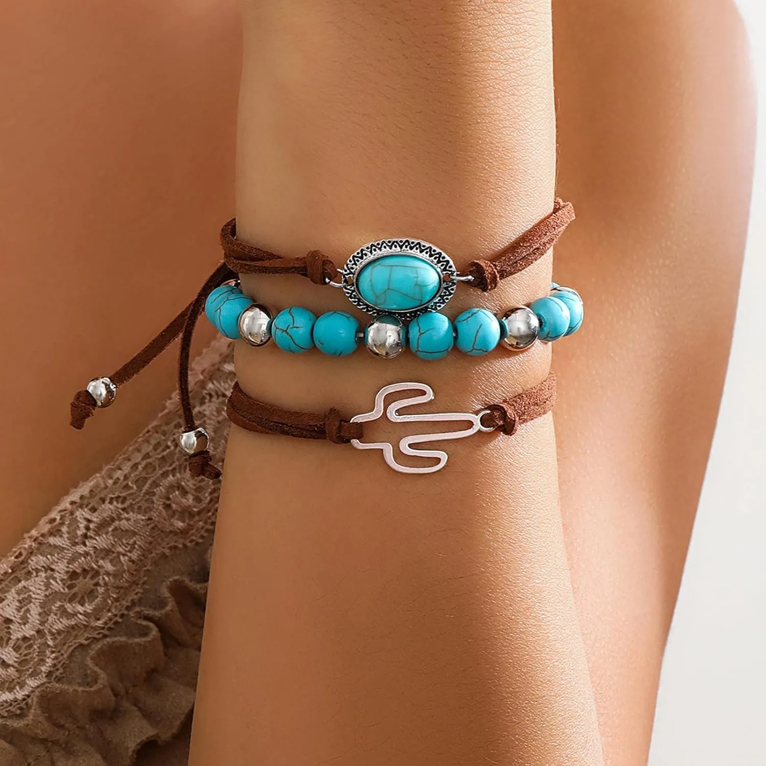NEWITIN Silver Bohemian Jewelry Set for Women Fashion Costume Jewels Turquoise Necklace Bracelet Earrings Western Turquoise Jewelry Set for Women