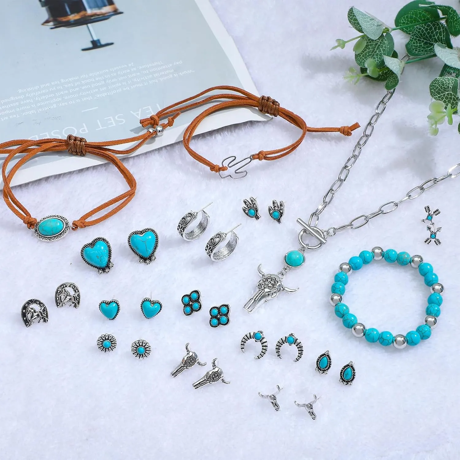 NEWITIN Silver Bohemian Jewelry Set for Women Fashion Costume Jewels Turquoise Necklace Bracelet Earrings Western Turquoise Jewelry Set for Women