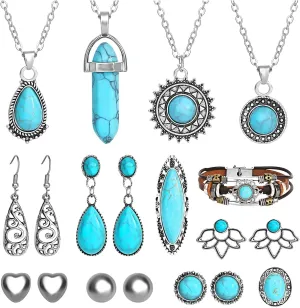 NEWITIN Silver Bohemian Jewelry Set for Women Fashion Costume Jewels Turquoise Necklace Bracelet Earrings Western Turquoise Jewelry Set for Women