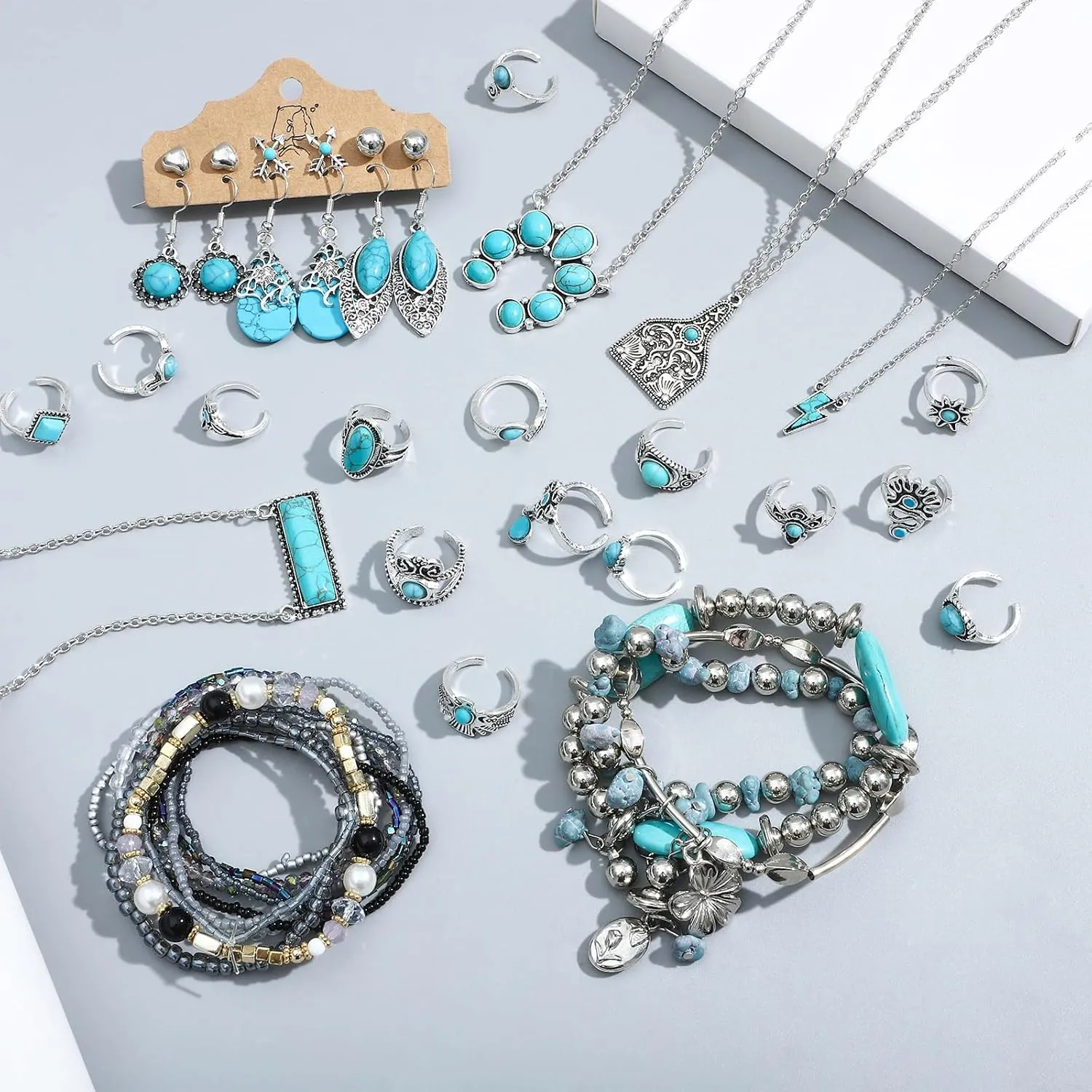 NEWITIN Silver Bohemian Jewelry Set for Women Fashion Costume Jewels Turquoise Necklace Bracelet Earrings Western Turquoise Jewelry Set for Women