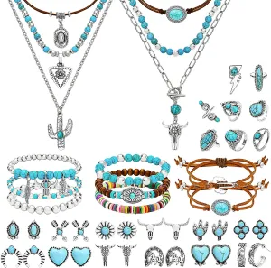 NEWITIN Silver Bohemian Jewelry Set for Women Fashion Costume Jewels Turquoise Necklace Bracelet Earrings Western Turquoise Jewelry Set for Women