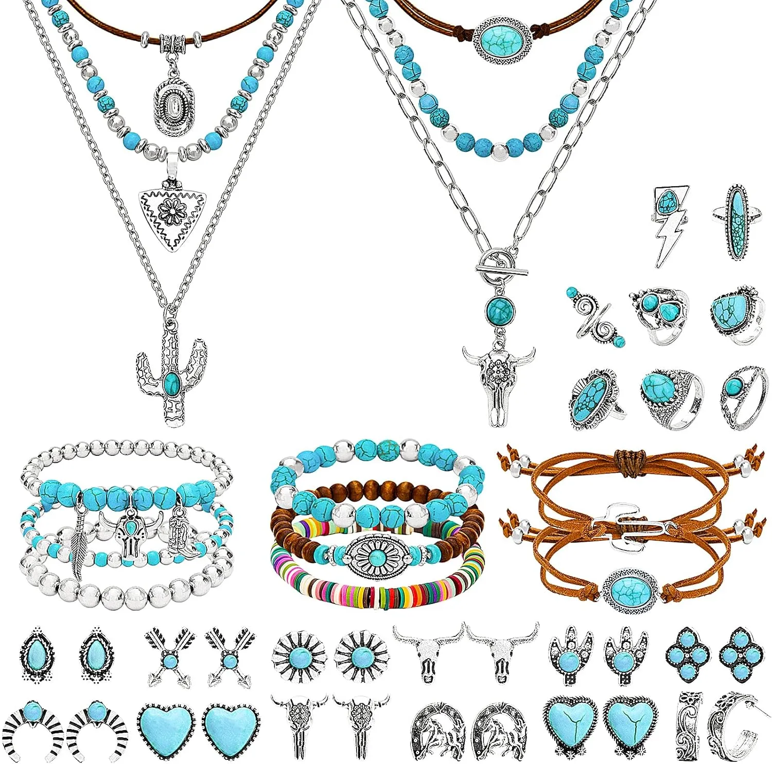 NEWITIN Silver Bohemian Jewelry Set for Women Fashion Costume Jewels Turquoise Necklace Bracelet Earrings Western Turquoise Jewelry Set for Women