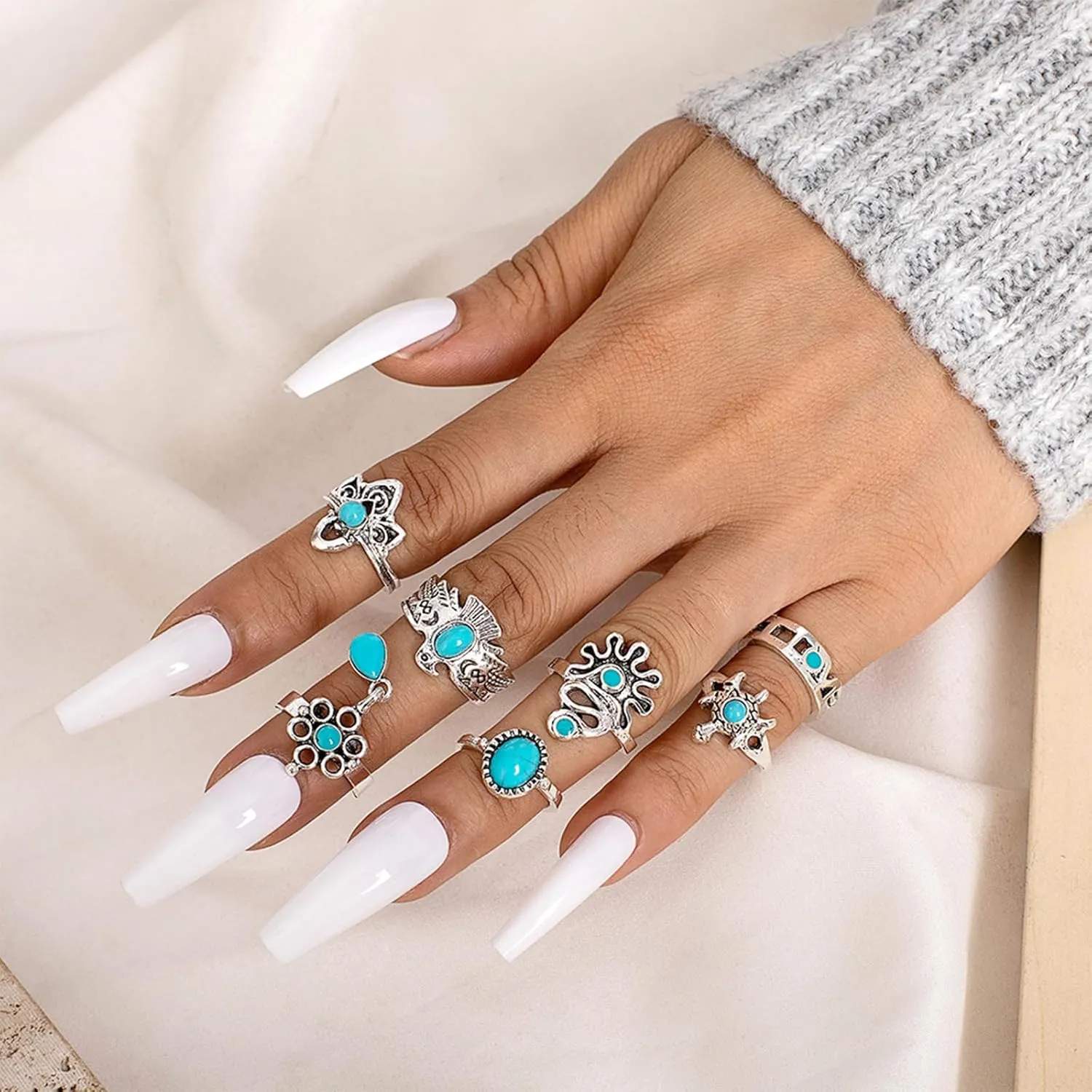 NEWITIN Silver Bohemian Jewelry Set for Women Fashion Costume Jewels Turquoise Necklace Bracelet Earrings Western Turquoise Jewelry Set for Women