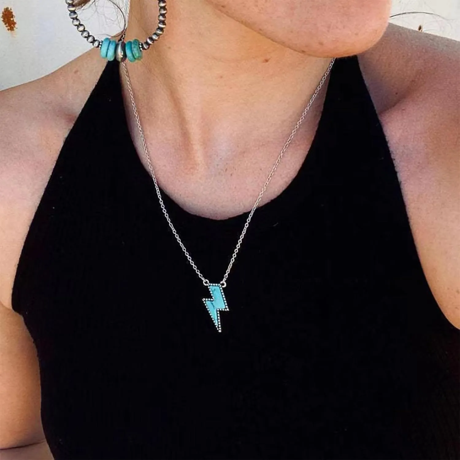 NEWITIN Silver Bohemian Jewelry Set for Women Fashion Costume Jewels Turquoise Necklace Bracelet Earrings Western Turquoise Jewelry Set for Women