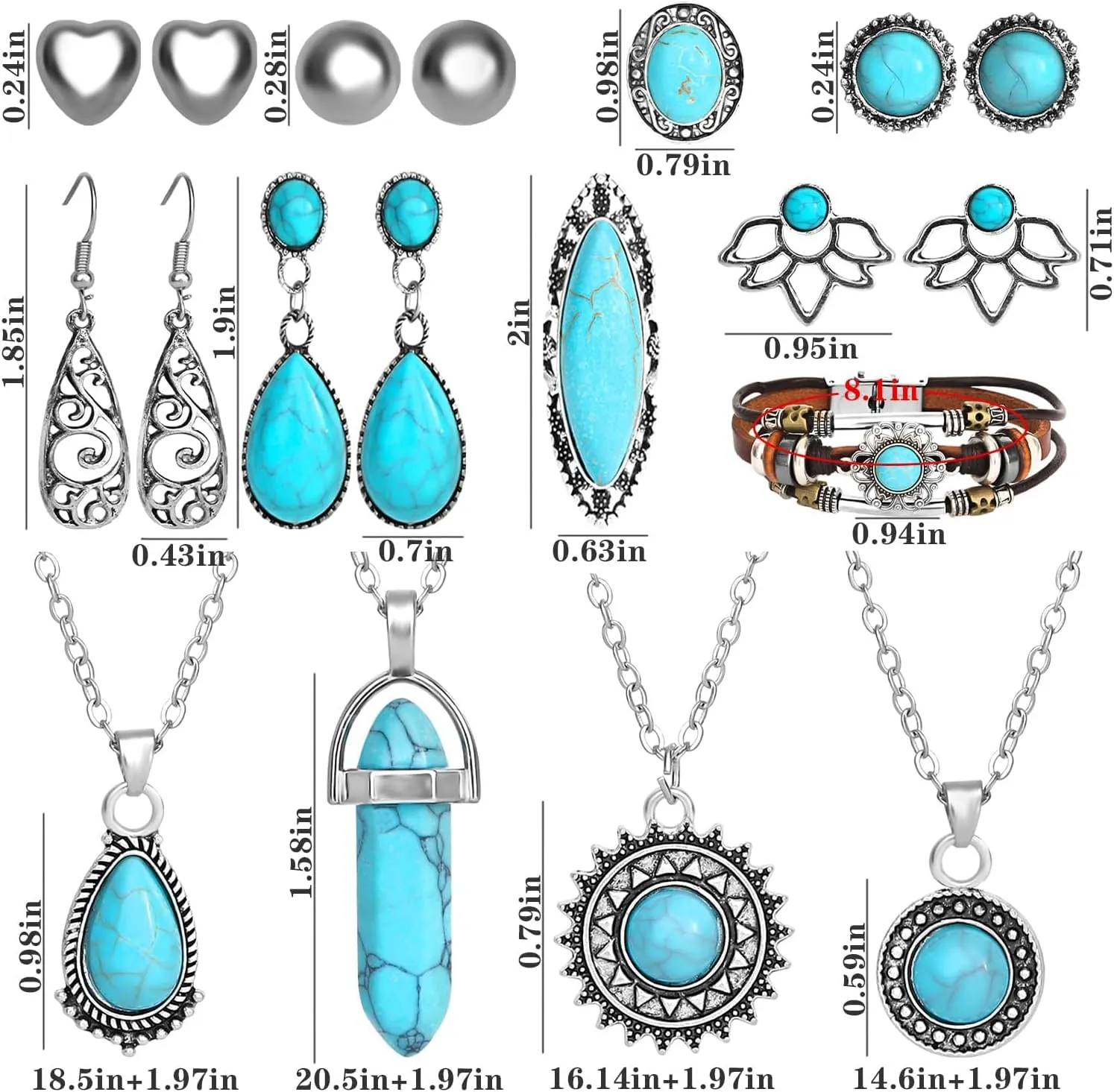 NEWITIN Silver Bohemian Jewelry Set for Women Fashion Costume Jewels Turquoise Necklace Bracelet Earrings Western Turquoise Jewelry Set for Women
