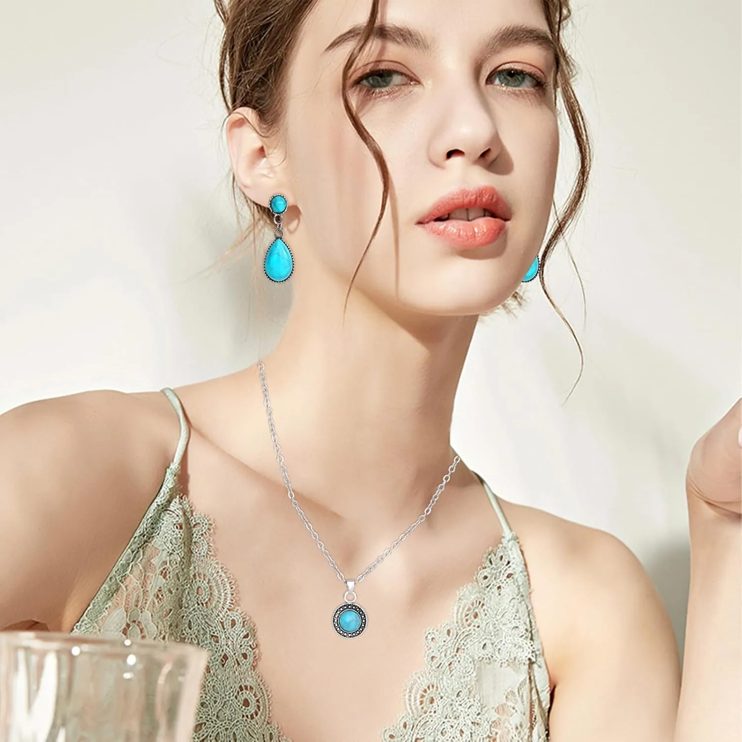 NEWITIN Silver Bohemian Jewelry Set for Women Fashion Costume Jewels Turquoise Necklace Bracelet Earrings Western Turquoise Jewelry Set for Women