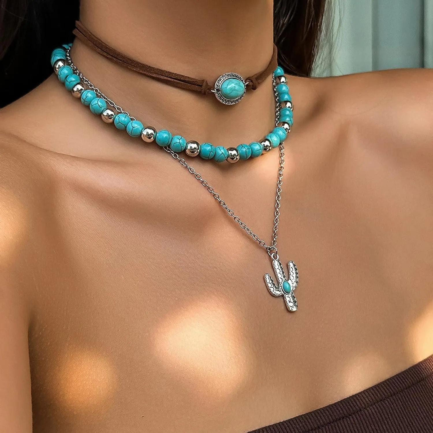 NEWITIN Silver Bohemian Jewelry Set for Women Fashion Costume Jewels Turquoise Necklace Bracelet Earrings Western Turquoise Jewelry Set for Women