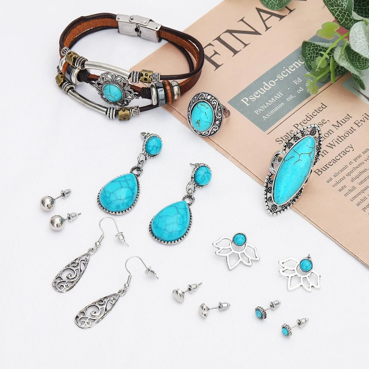 NEWITIN Silver Bohemian Jewelry Set for Women Fashion Costume Jewels Turquoise Necklace Bracelet Earrings Western Turquoise Jewelry Set for Women
