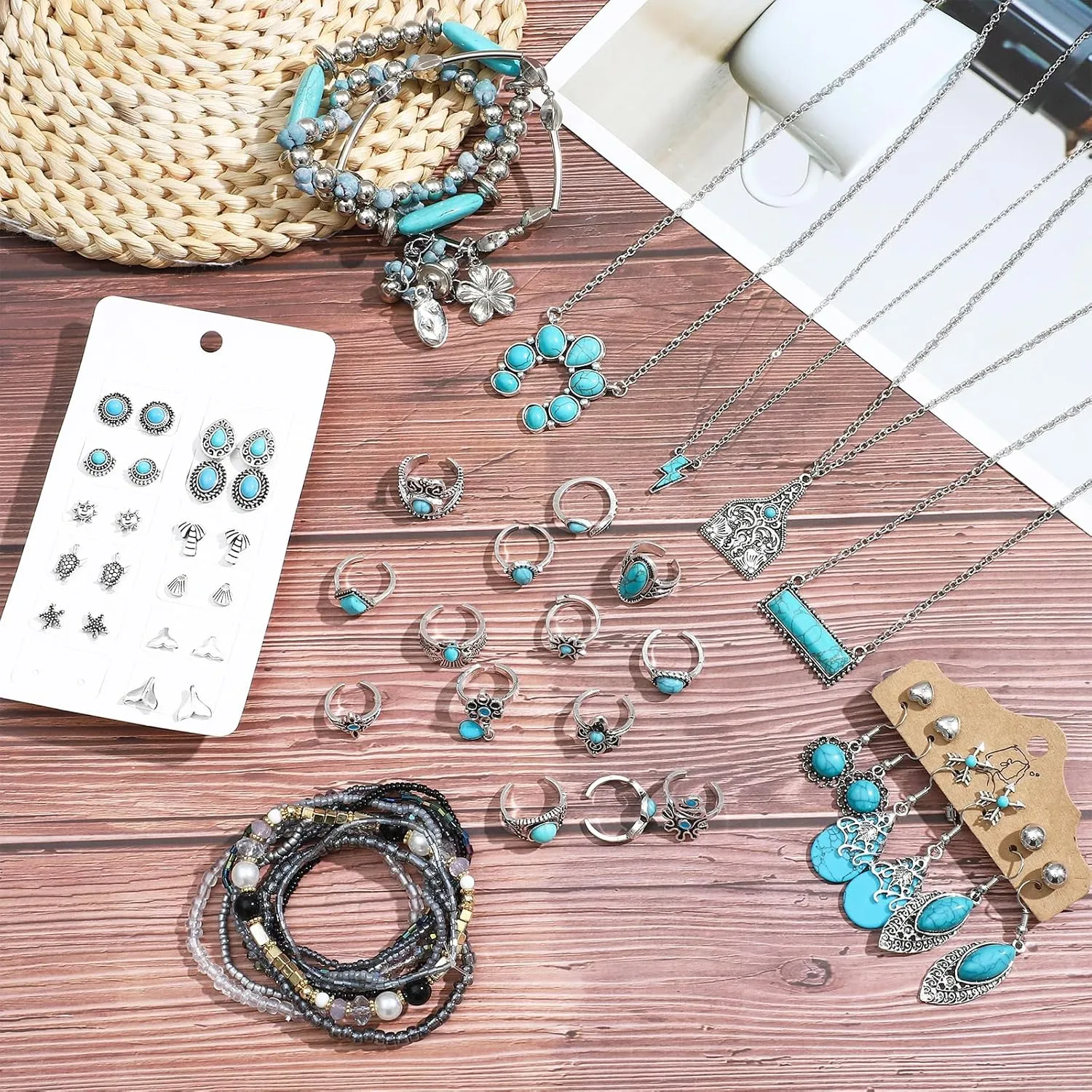 NEWITIN Silver Bohemian Jewelry Set for Women Fashion Costume Jewels Turquoise Necklace Bracelet Earrings Western Turquoise Jewelry Set for Women
