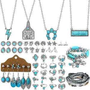 NEWITIN Silver Bohemian Jewelry Set for Women Fashion Costume Jewels Turquoise Necklace Bracelet Earrings Western Turquoise Jewelry Set for Women