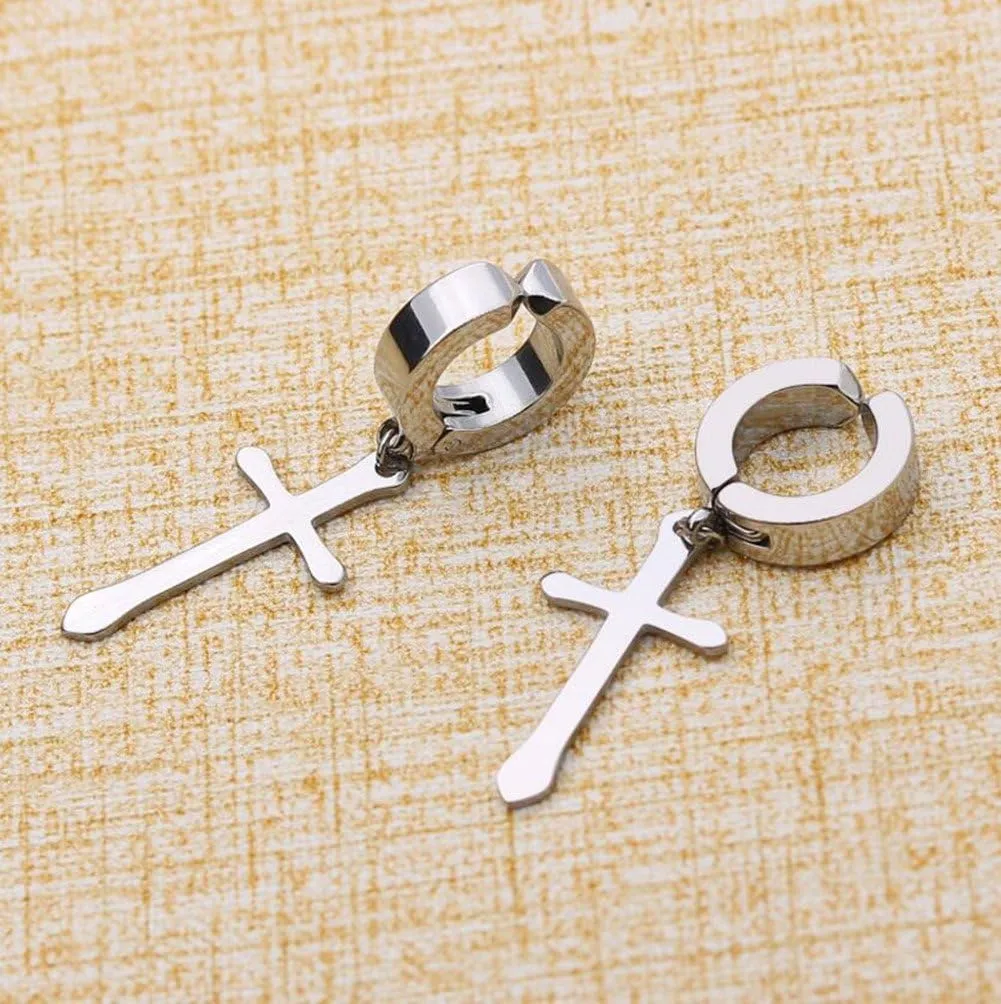 Non-Pierced Clip On Cross Dangle Hoop Earrings Set for Men Women No Piercing Ear Plug Jewelry for Easter Christmas