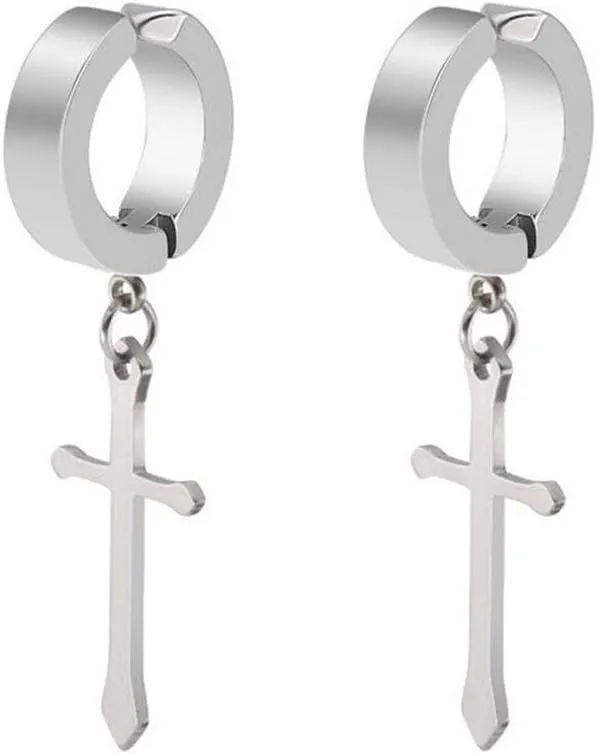 Non-Pierced Clip On Cross Dangle Hoop Earrings Set for Men Women No Piercing Ear Plug Jewelry for Easter Christmas