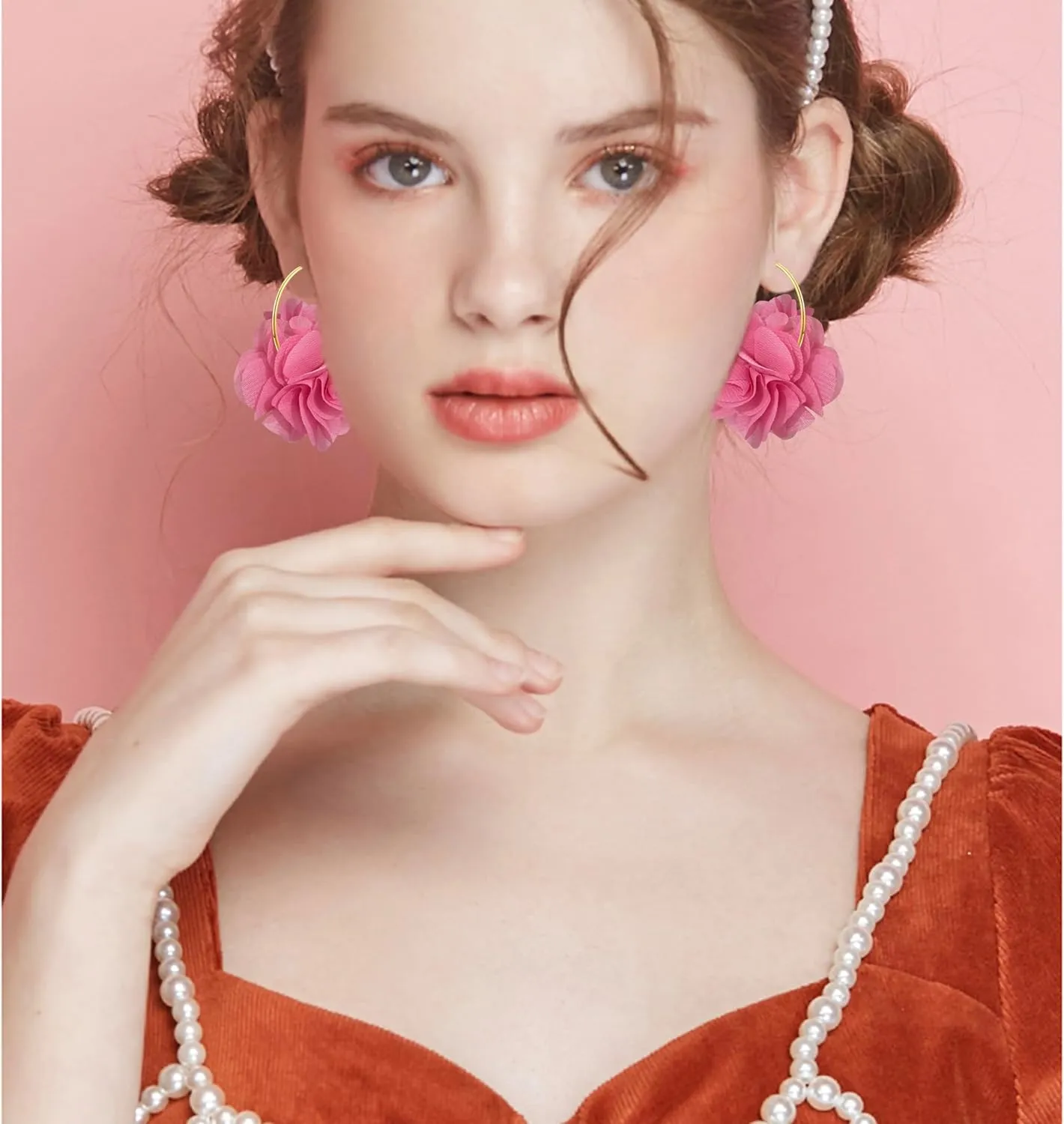 NONQL Bohemian Aesthetic Fabric Flower Lightweight Hoop Earrings Handmade Summer Vacation Dangle Drop Earrings For Women