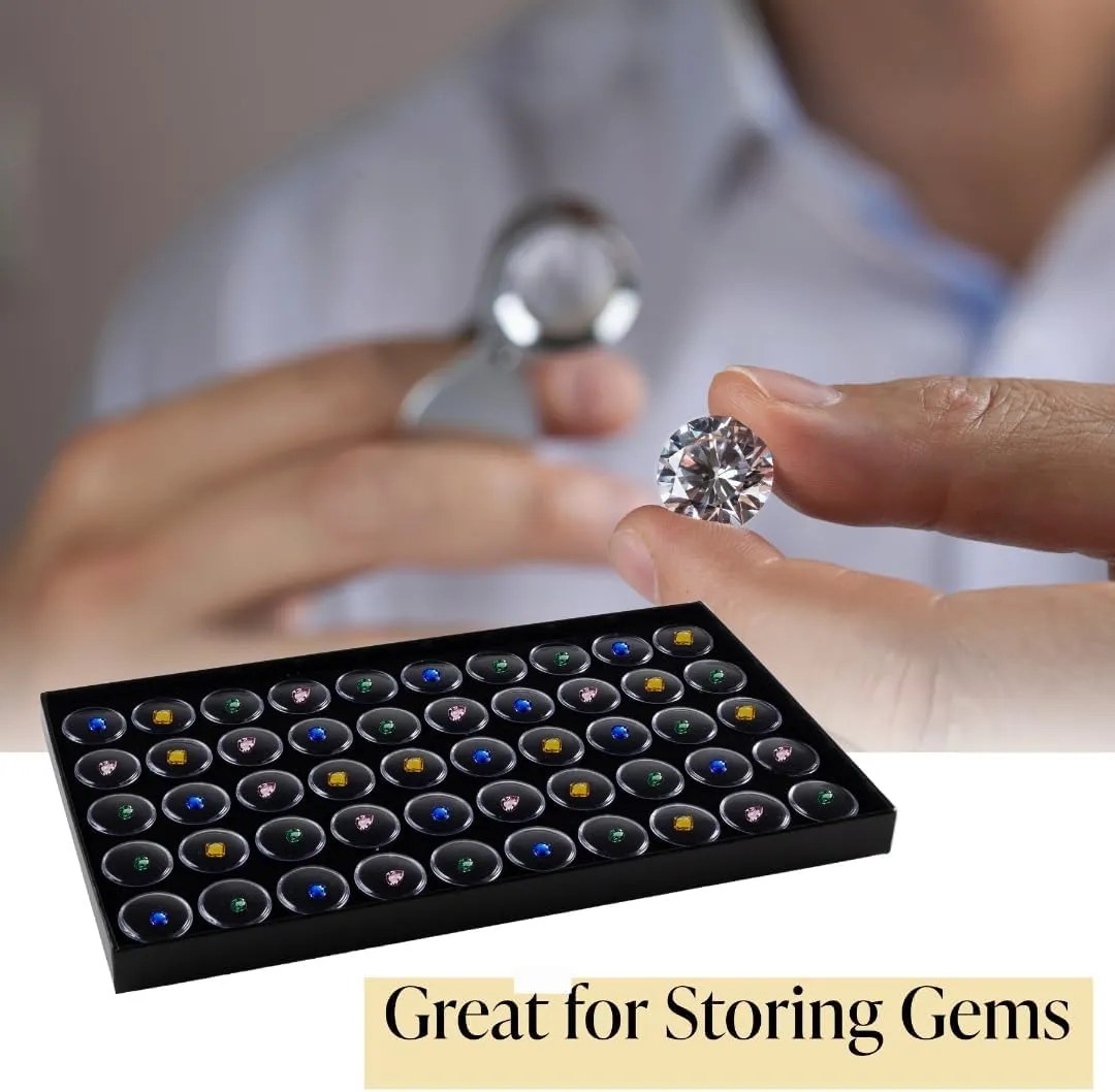 Novel Box Jewelry Tray with Lid 8.25x14.75x1   Small Size 50 Gems Jars | Glass Jewelry Box with Fitted Lid & Black Tray Foam Liner | Glass Rock Storage Box | Display Boxes for Collectibles