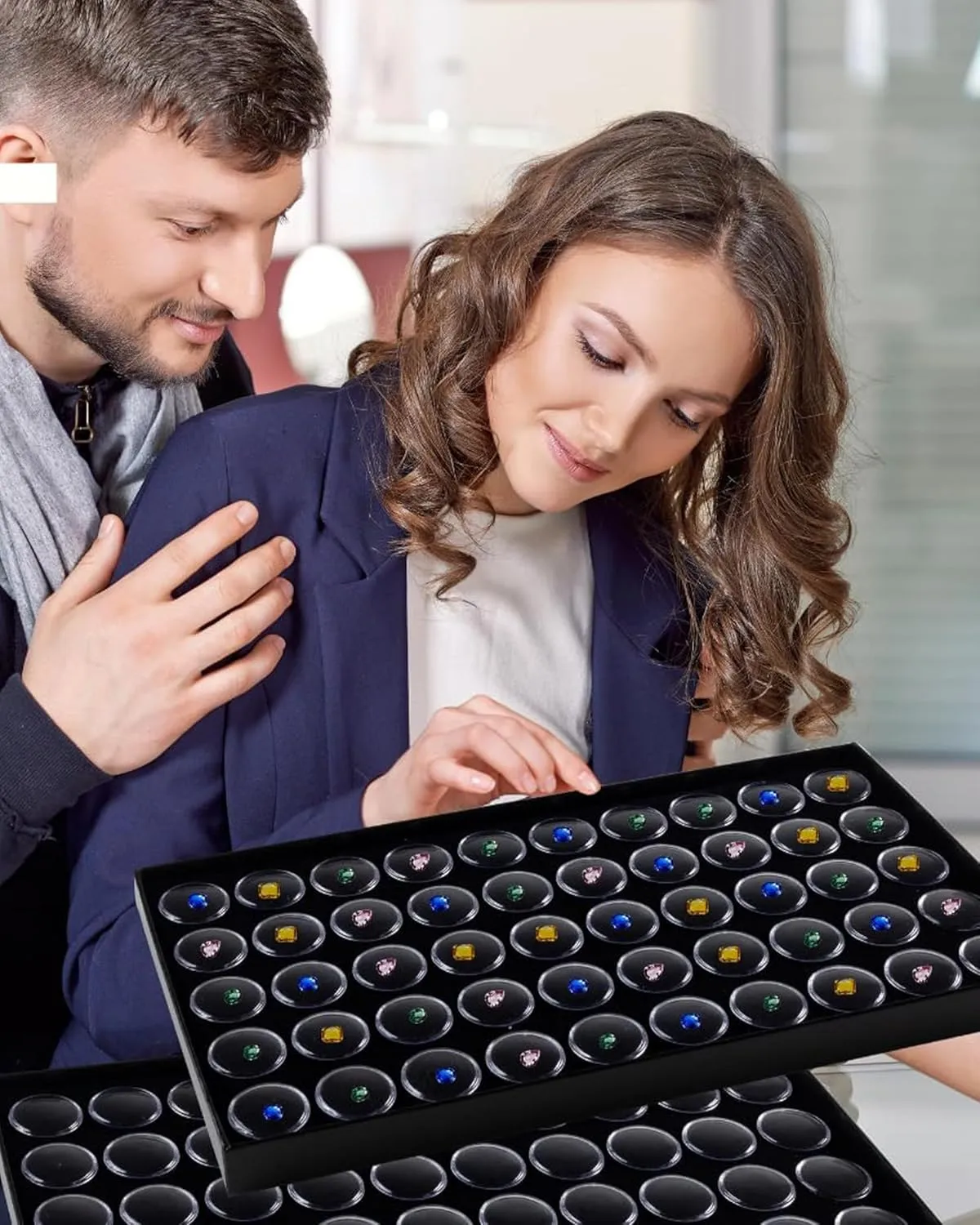 Novel Box Jewelry Tray with Lid 8.25x14.75x1   Small Size 50 Gems Jars | Glass Jewelry Box with Fitted Lid & Black Tray Foam Liner | Glass Rock Storage Box | Display Boxes for Collectibles