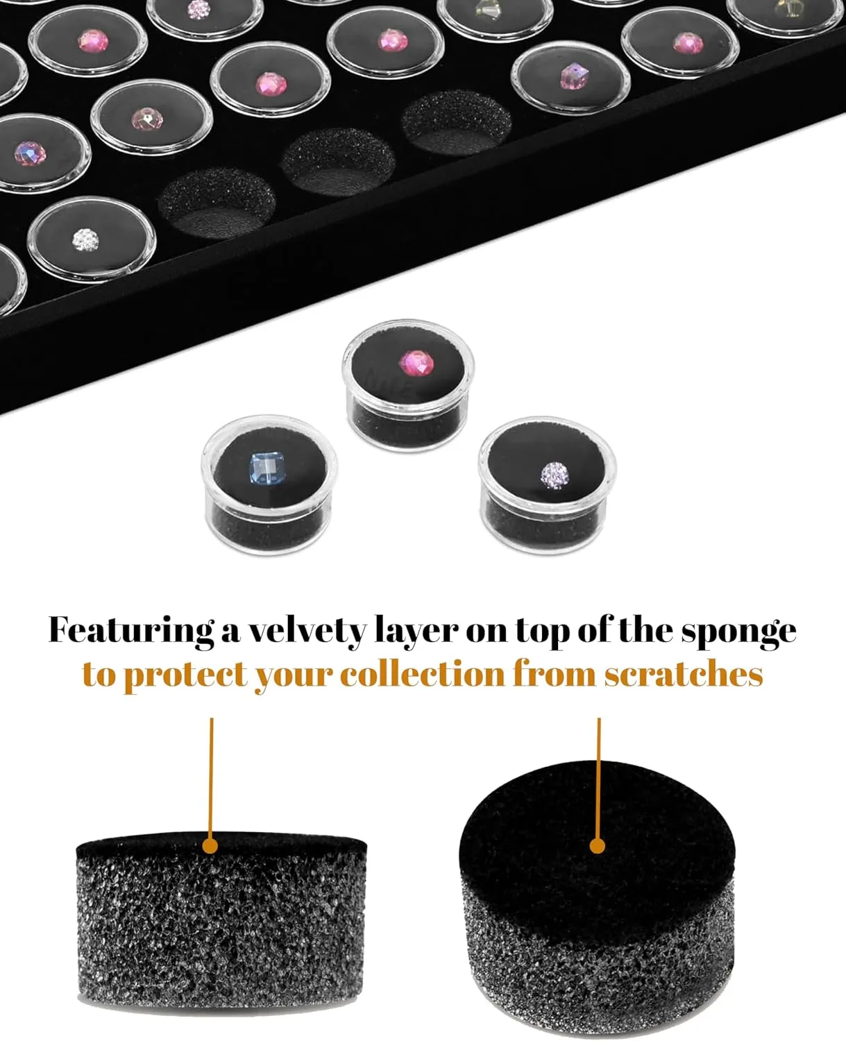 Novel Box Jewelry Tray with Lid 8.25x14.75x1   Small Size 50 Gems Jars | Glass Jewelry Box with Fitted Lid & Black Tray Foam Liner | Glass Rock Storage Box | Display Boxes for Collectibles