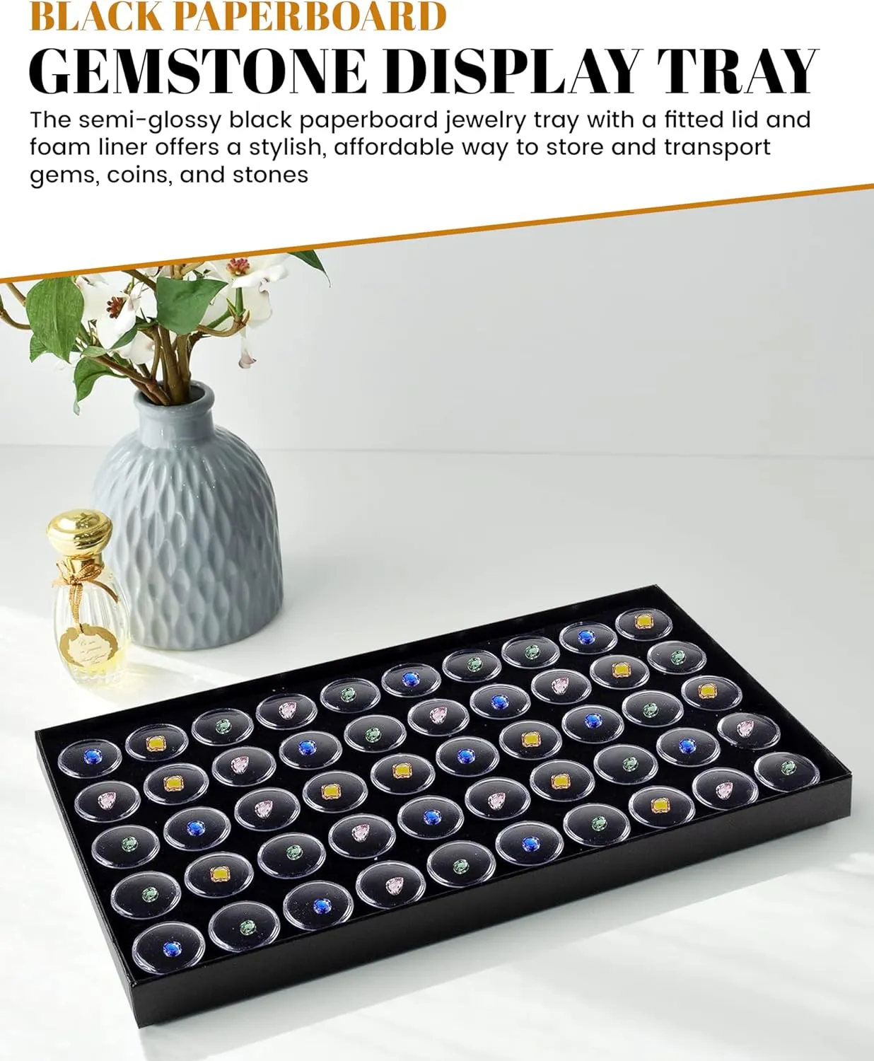 Novel Box Jewelry Tray with Lid 8.25x14.75x1   Small Size 50 Gems Jars | Glass Jewelry Box with Fitted Lid & Black Tray Foam Liner | Glass Rock Storage Box | Display Boxes for Collectibles