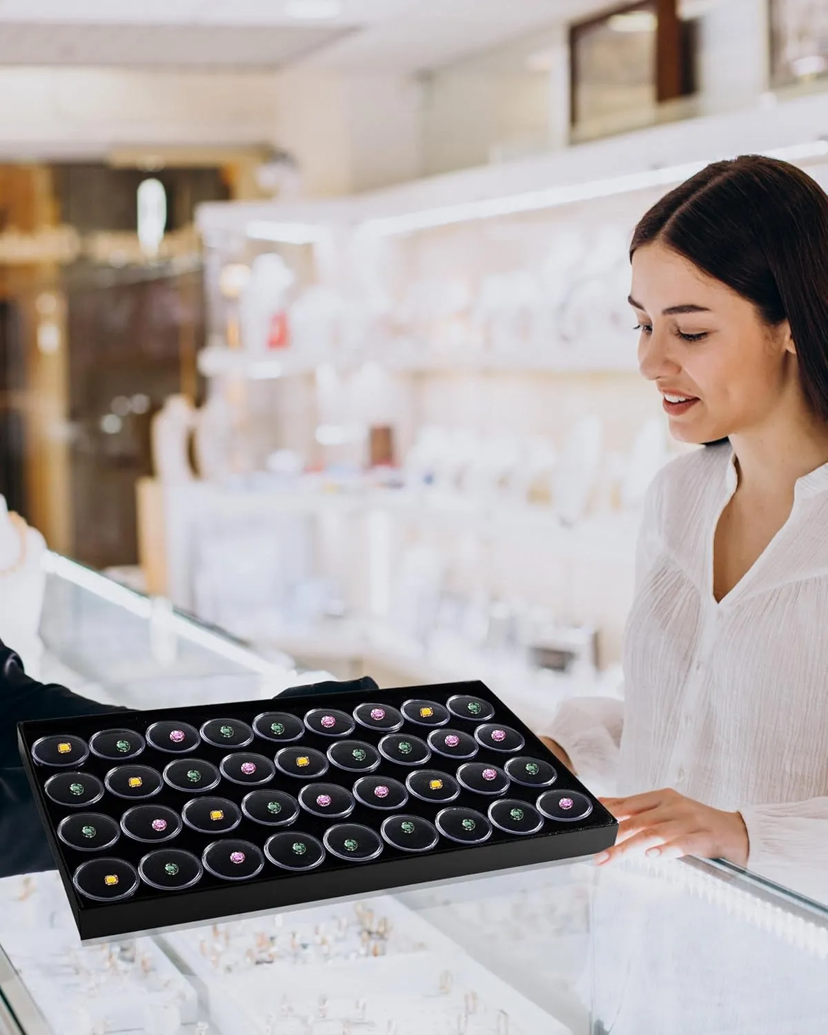 Novel Box Jewelry Tray with Lid 8.25x14.75x1   Small Size 50 Gems Jars | Glass Jewelry Box with Fitted Lid & Black Tray Foam Liner | Glass Rock Storage Box | Display Boxes for Collectibles
