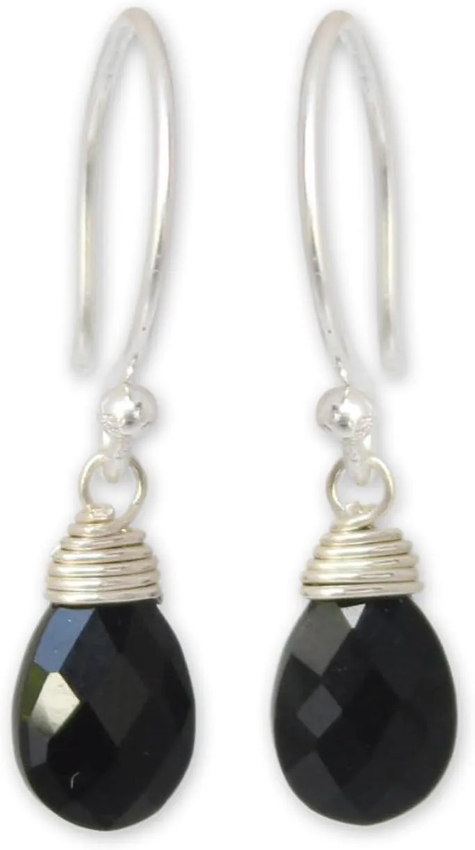 NOVICA Artisan Handmade Black Spinel Dangle Earrings Women's Silver Fine Thailand [1 in L x 0.3 in W x 0.2 in D] ' Glowing Exotic'