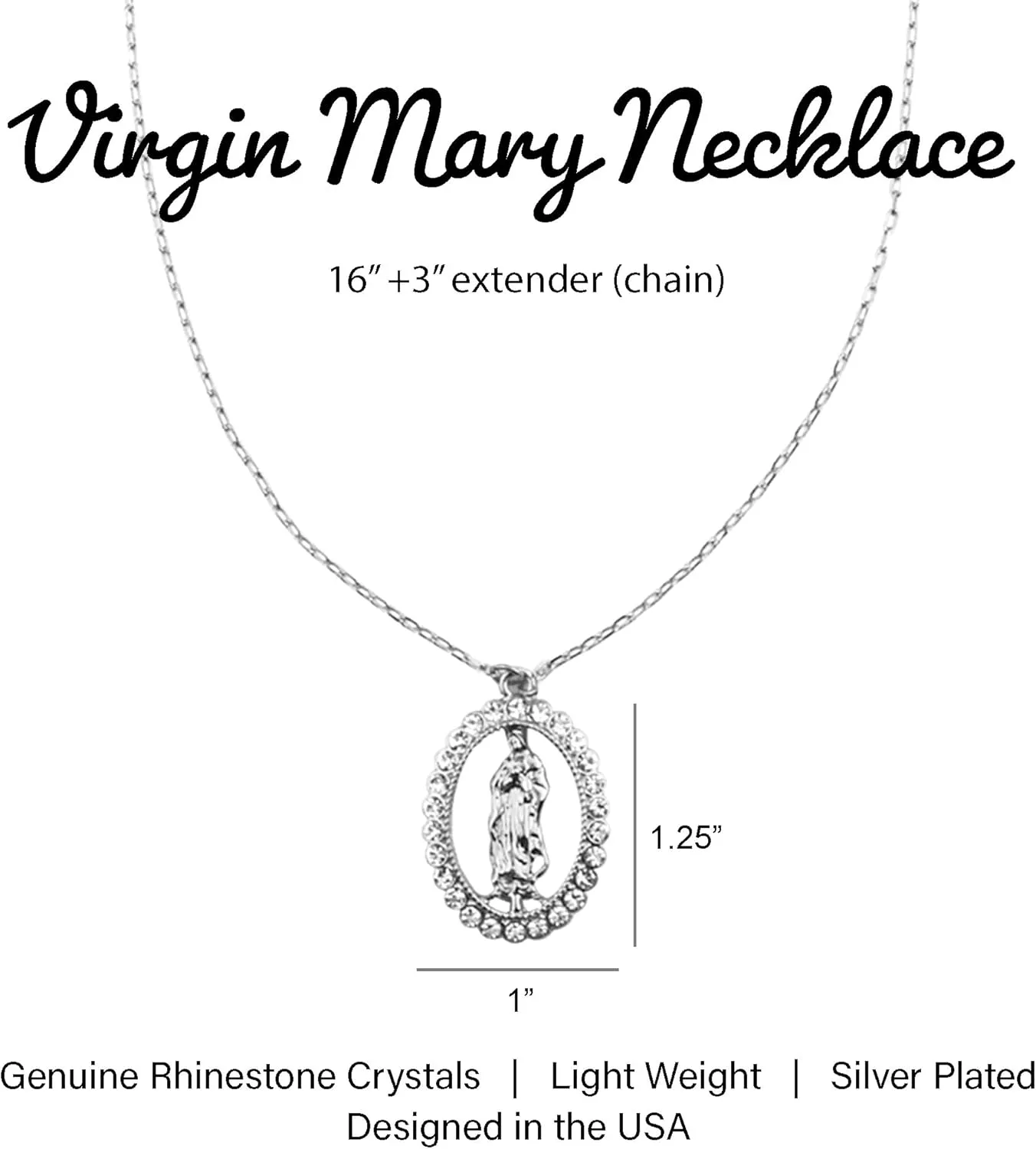 NTLX Virgin Mary Necklace, Religious Necklace Guadalupe 14K Gold & Silver Plated Pendant, Embellished with Rhinestone Crystals, Designed in the USA, Lady of Guadalupe Necklace, Gift Box Included