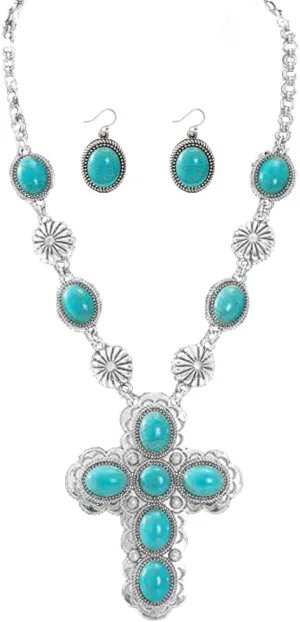 OIDIMS Cross Turquoise Necklace Earring for Women Western Bohemian Turquoise Pendant Long Choker Vintage Dangle Daisy Flower Earring Cowgirl Wedding Party Holiday Gift for Her Birthday Jewelery Set