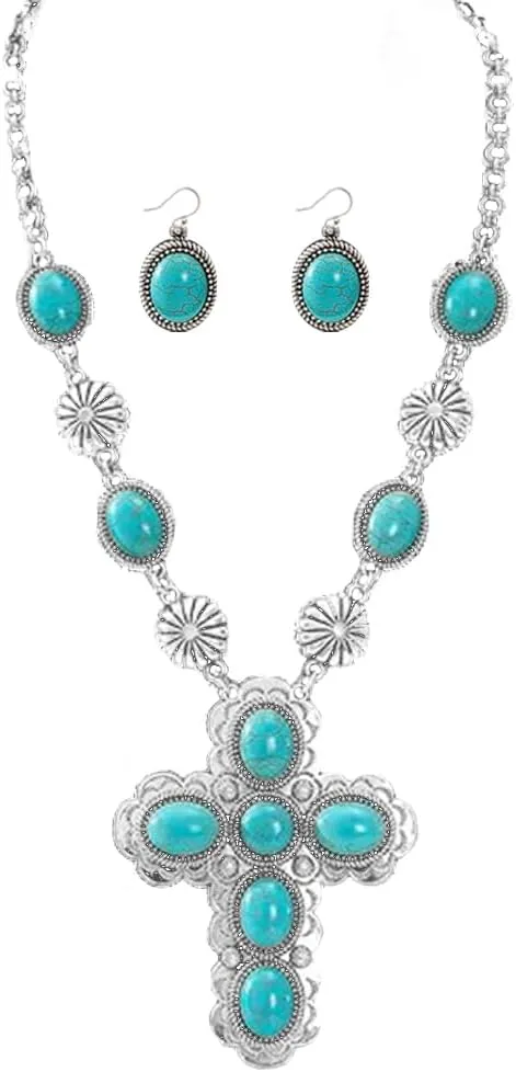 OIDIMS Cross Turquoise Necklace Earring for Women Western Bohemian Turquoise Pendant Long Choker Vintage Dangle Daisy Flower Earring Cowgirl Wedding Party Holiday Gift for Her Birthday Jewelery Set