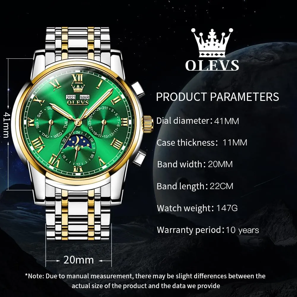 OLEVS Mens Automatic Watch Mechanical Self Winding Luxury Business Dress Moon Phase Stainless Steel Calendar Wrist Watches for Men Waterproof Luminous