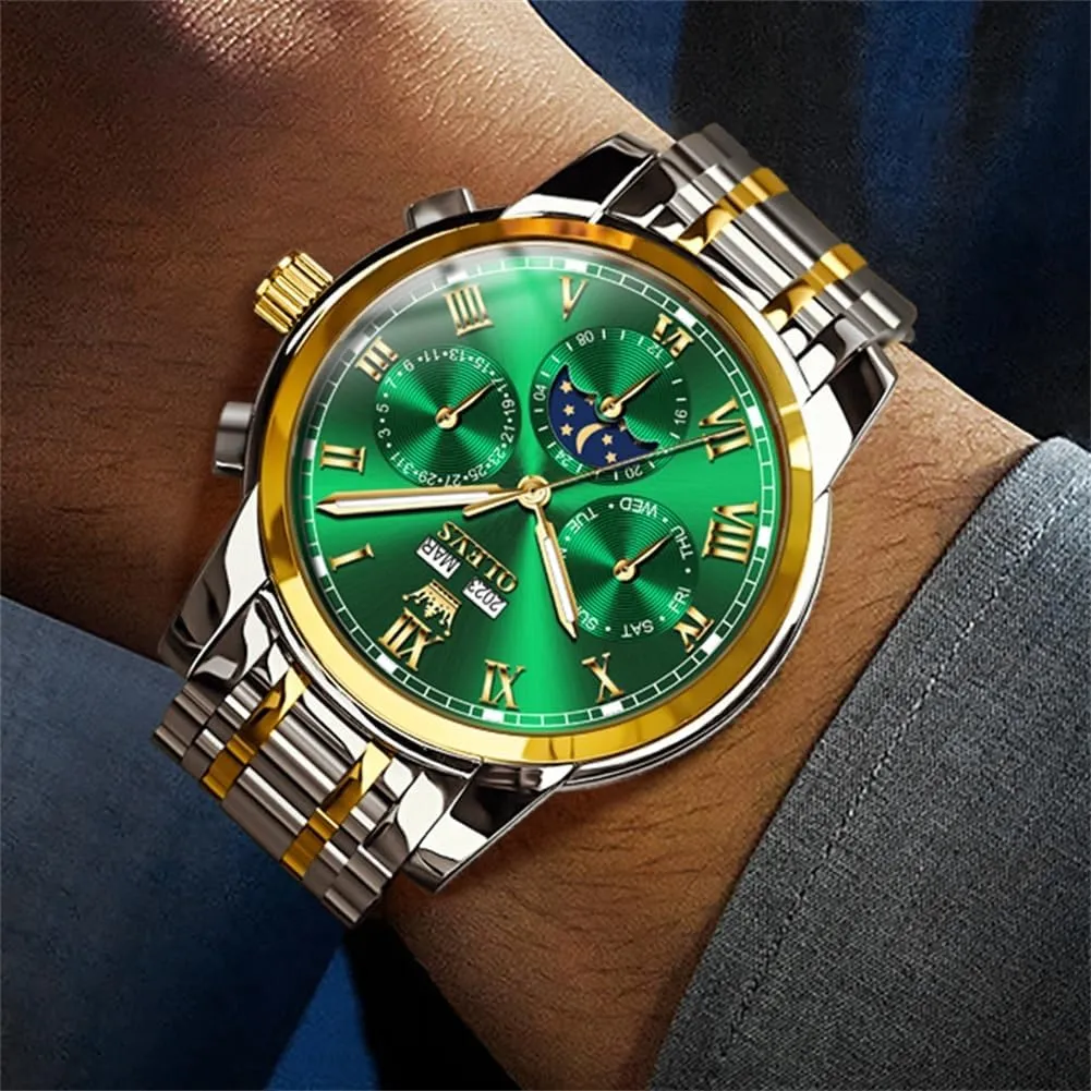 OLEVS Mens Automatic Watch Mechanical Self Winding Luxury Business Dress Moon Phase Stainless Steel Calendar Wrist Watches for Men Waterproof Luminous
