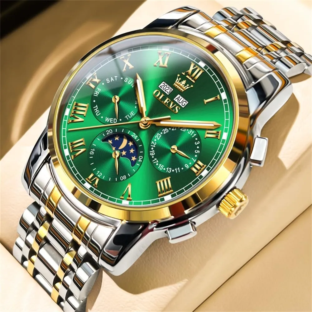 OLEVS Mens Automatic Watch Mechanical Self Winding Luxury Business Dress Moon Phase Stainless Steel Calendar Wrist Watches for Men Waterproof Luminous