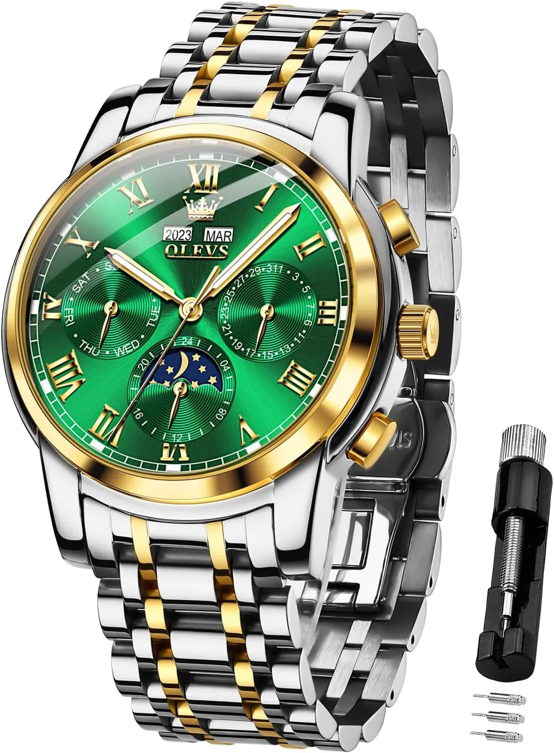 OLEVS Mens Automatic Watch Mechanical Self Winding Luxury Business Dress Moon Phase Stainless Steel Calendar Wrist Watches for Men Waterproof Luminous