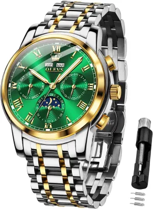 OLEVS Mens Automatic Watch Mechanical Self Winding Luxury Business Dress Moon Phase Stainless Steel Calendar Wrist Watches for Men Waterproof Luminous