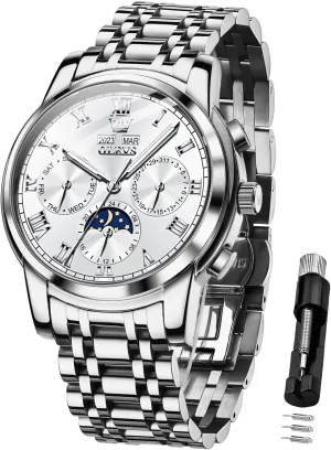 OLEVS Mens Automatic Watch Mechanical Self Winding Luxury Business Dress Moon Phase Stainless Steel Calendar Wrist Watches for Men Waterproof Luminous