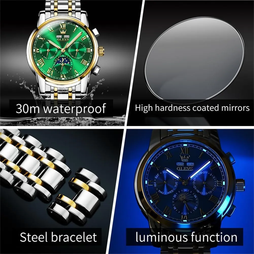 OLEVS Mens Automatic Watch Mechanical Self Winding Luxury Business Dress Moon Phase Stainless Steel Calendar Wrist Watches for Men Waterproof Luminous