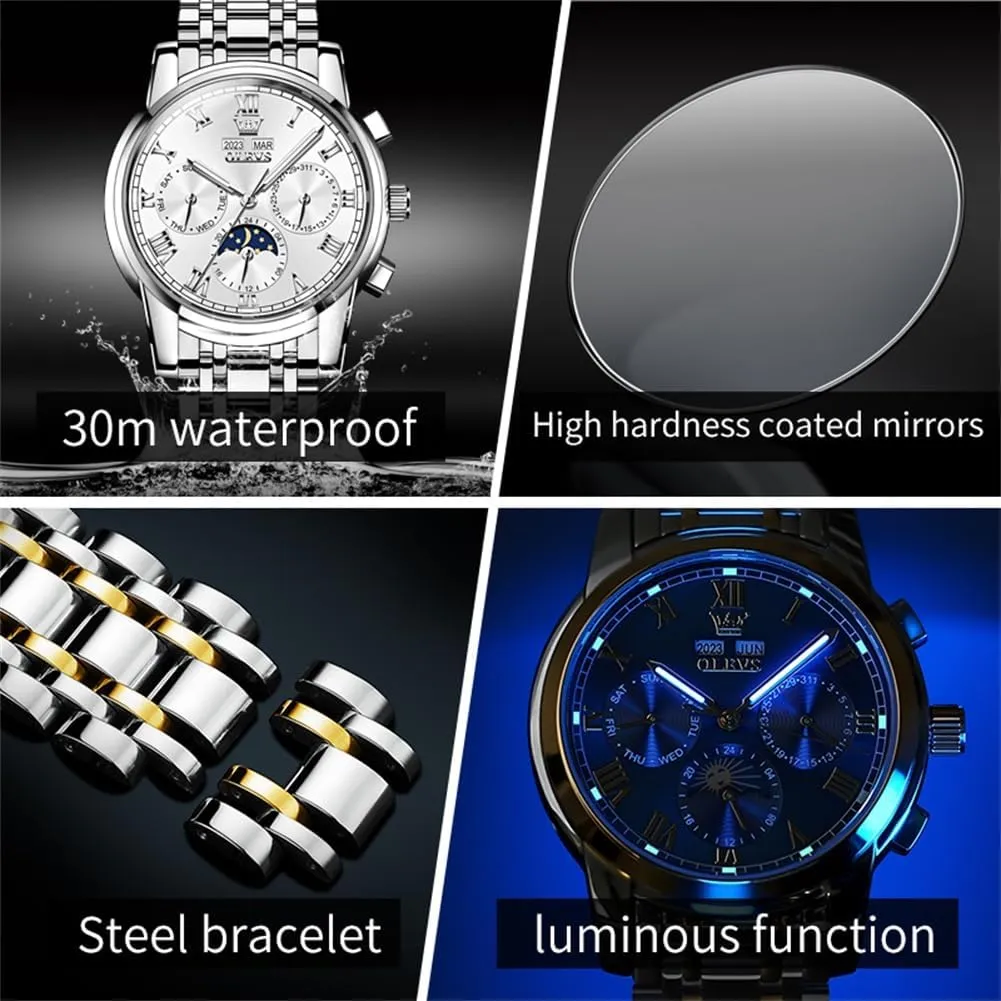 OLEVS Mens Automatic Watch Mechanical Self Winding Luxury Business Dress Moon Phase Stainless Steel Calendar Wrist Watches for Men Waterproof Luminous