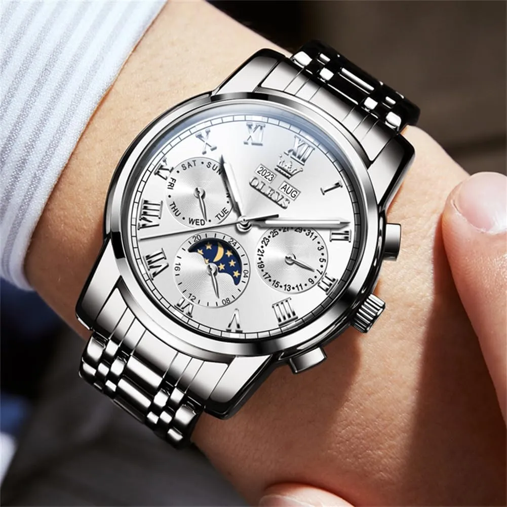 OLEVS Mens Automatic Watch Mechanical Self Winding Luxury Business Dress Moon Phase Stainless Steel Calendar Wrist Watches for Men Waterproof Luminous