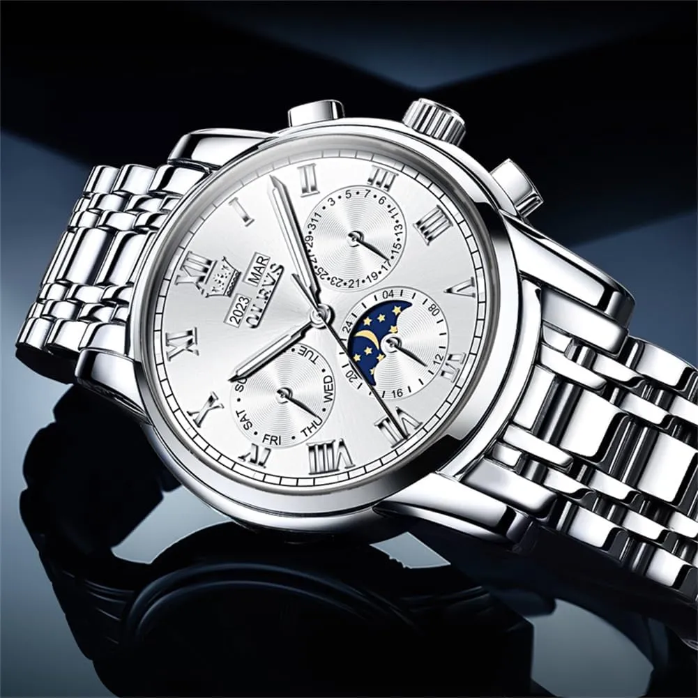 OLEVS Mens Automatic Watch Mechanical Self Winding Luxury Business Dress Moon Phase Stainless Steel Calendar Wrist Watches for Men Waterproof Luminous