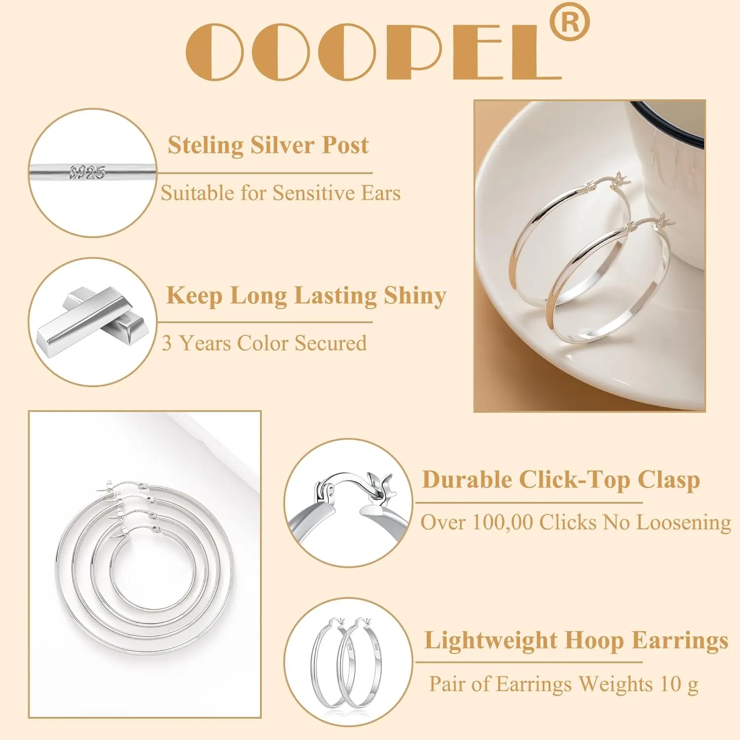 OOOPEL 3mm Wide Large Hoop Earrings for Women Hypoallergenic 925 Sterling Silver Post Gold Earrings Lightweight Silver Hoop Earrings Oversize Big Gold Hoops 20/30/40/50/60/70MM